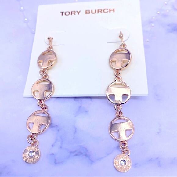 New Tory Burch Gold Round Drop T French Wire Dangle Earrings - Picture 4 of 7